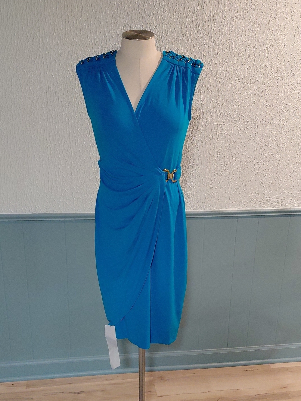 Cache Turquoise Sleeveless Wrap Midi Dress with Shoulder Embellishments